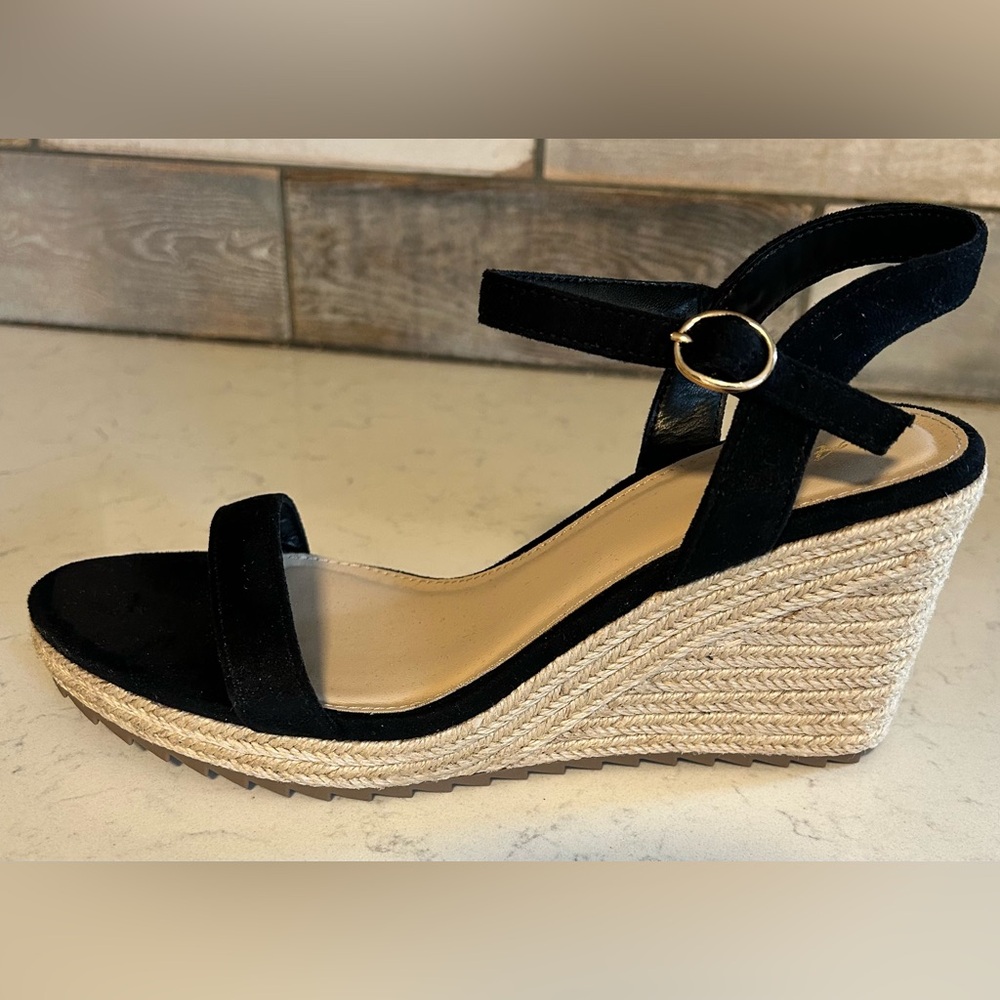 NWOT Platform Wedge Espadrille Black Faux Suede Open Toe Sandals - Picture 2 of 16